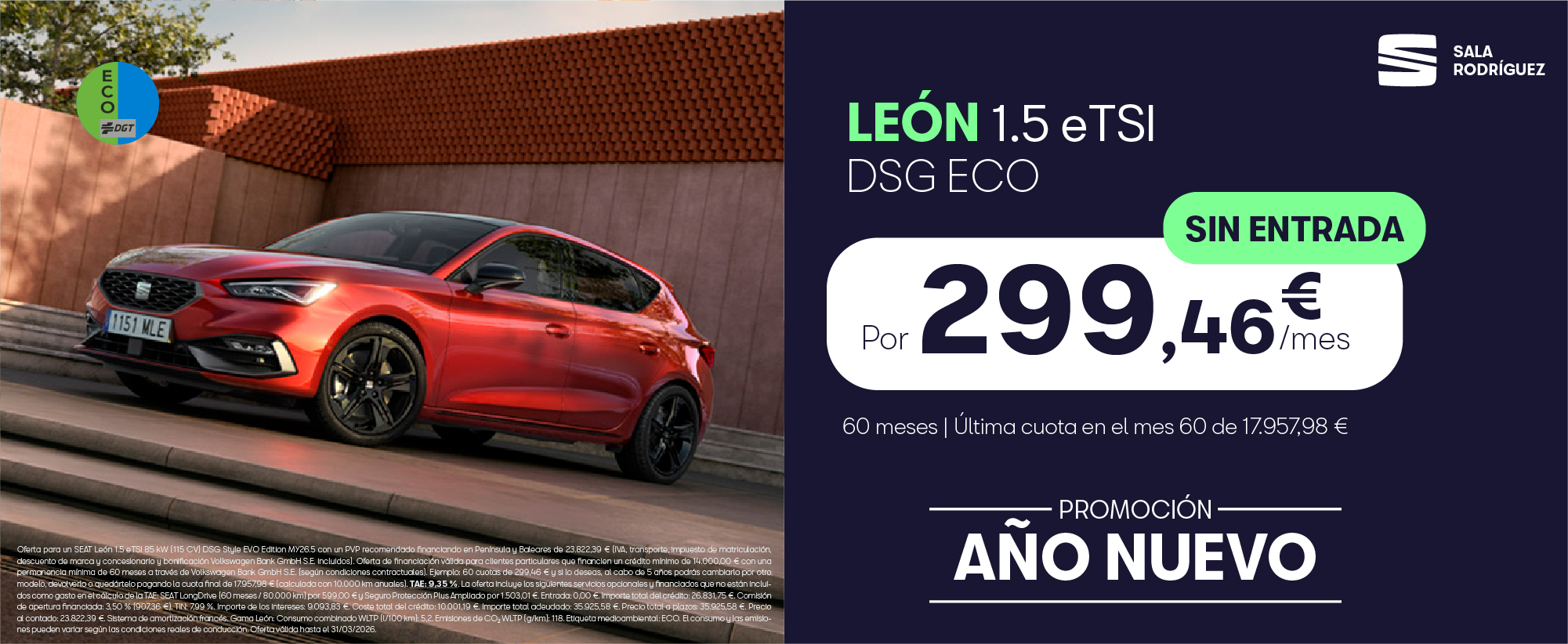 ¡SIN ENTRADA! SEAT León eTSI con etiqueta ECO por 299€/mes*